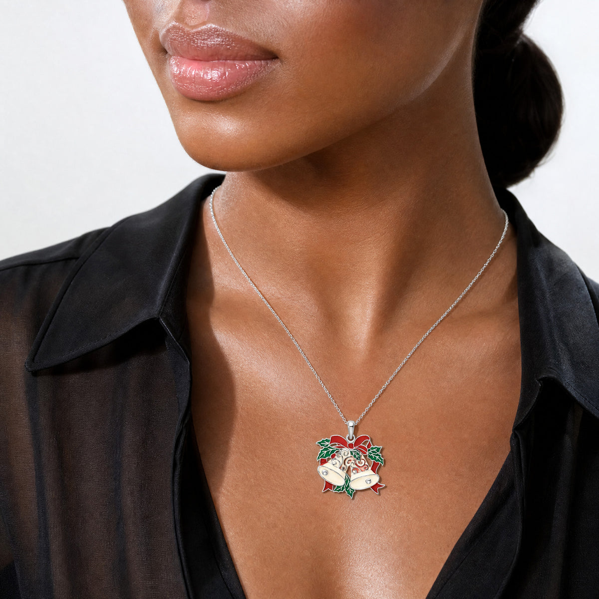 Sterling Silver Rhodium-plated Polished Enameled Bells/Holly Pendant - Model Shot