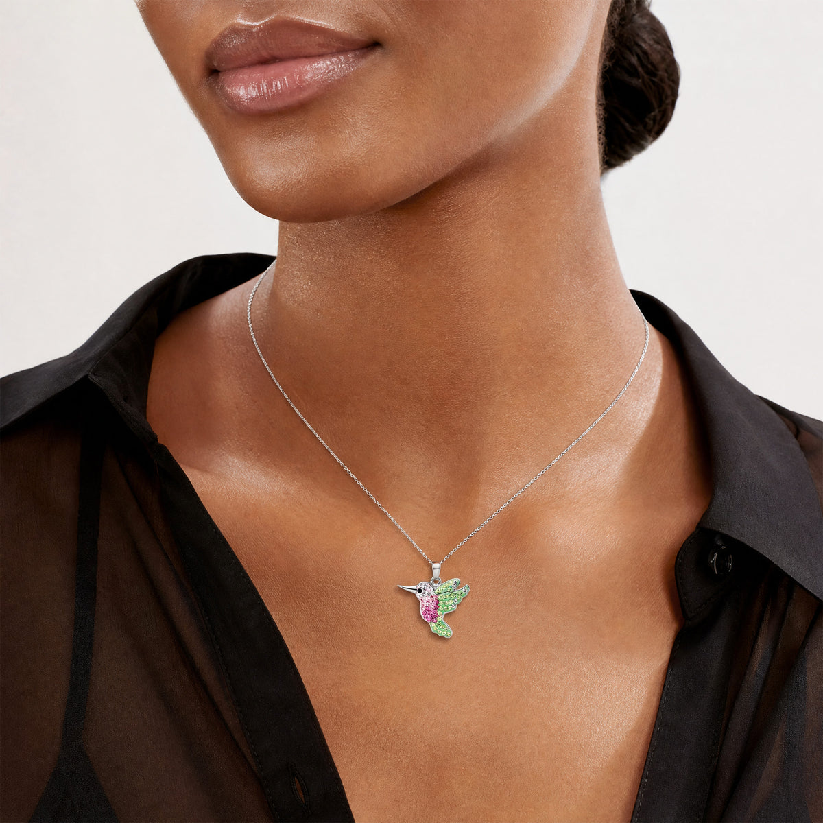Sterling Silver Rhodium-plated Preciosa Crystal Hummingbird Pendant - Model Shot