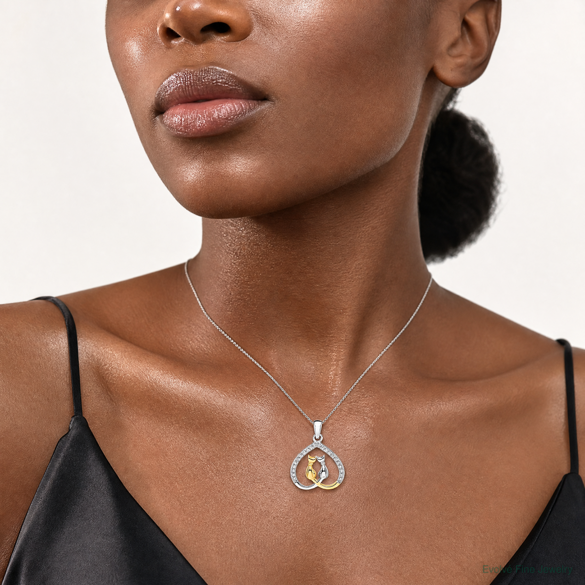 Sterling Silver RH-plated & Gold-plated CZ Heart w/Two Cats Pendant - Model Shot