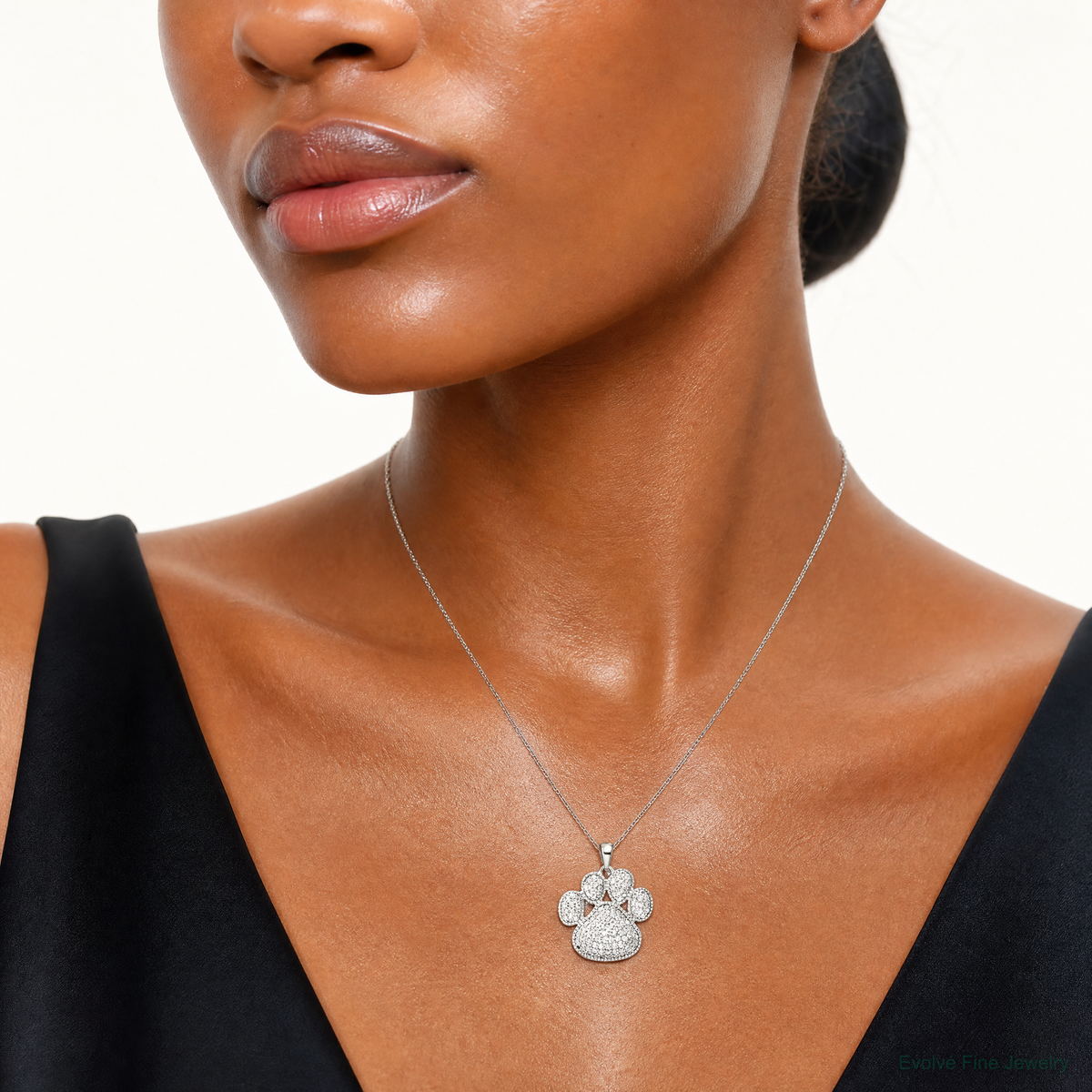 Sterling Silver Rhodium-plated Polished CZ Paw Print Pendant - Model Shot