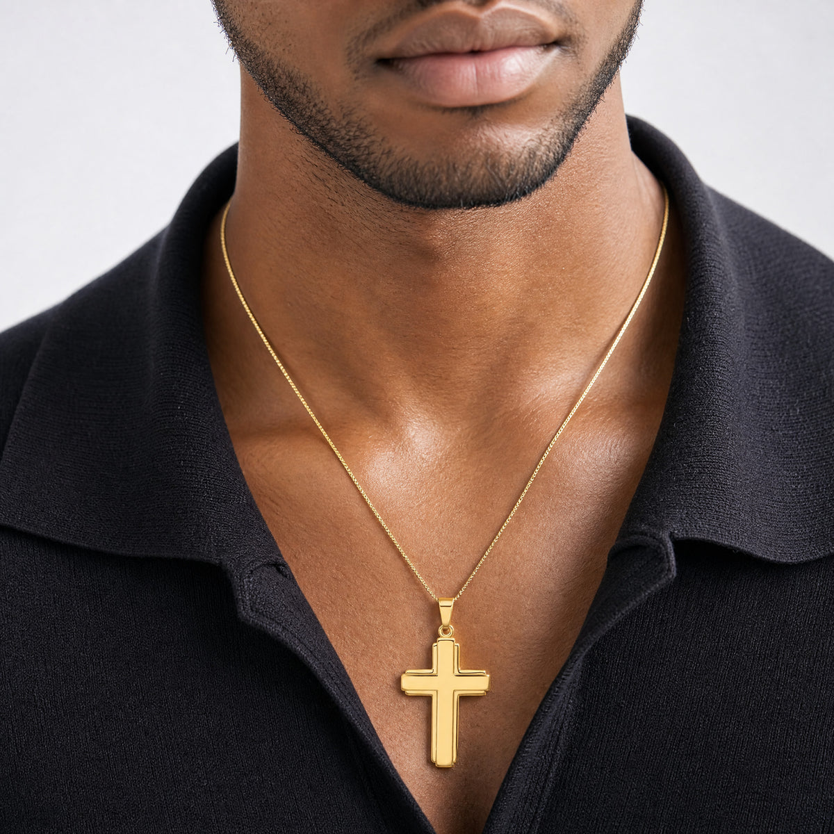 Sterling Silver Gold-tone Polished and Grooved Cross Pendant - Model Shot