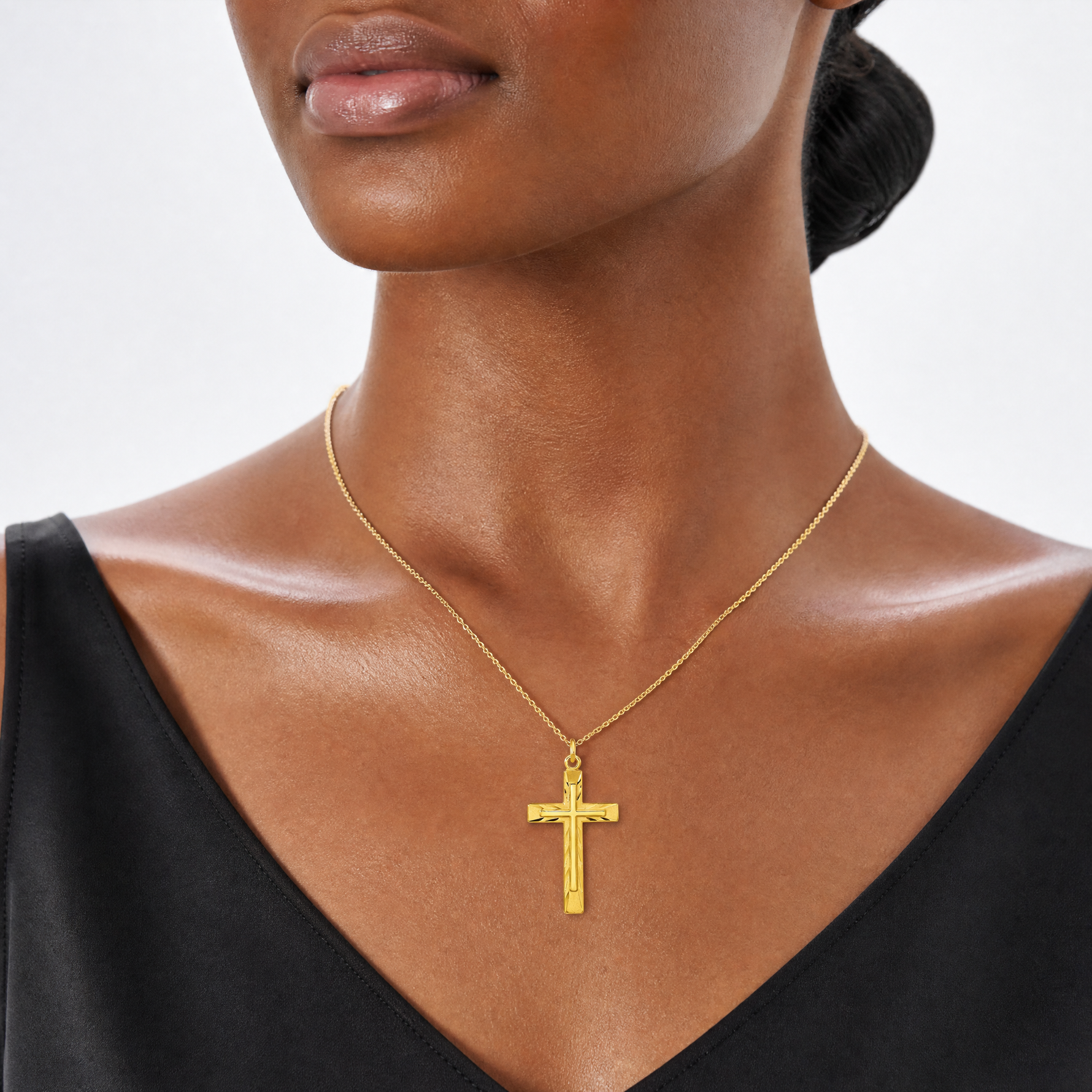 Sterling Silver Gold-plated Polished and Satin D/C Cross Pendant - Model Shot