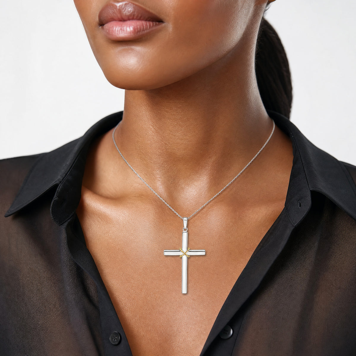 Sterling Silver w/Gold-plated X Center Cross Pendant - Model Shot