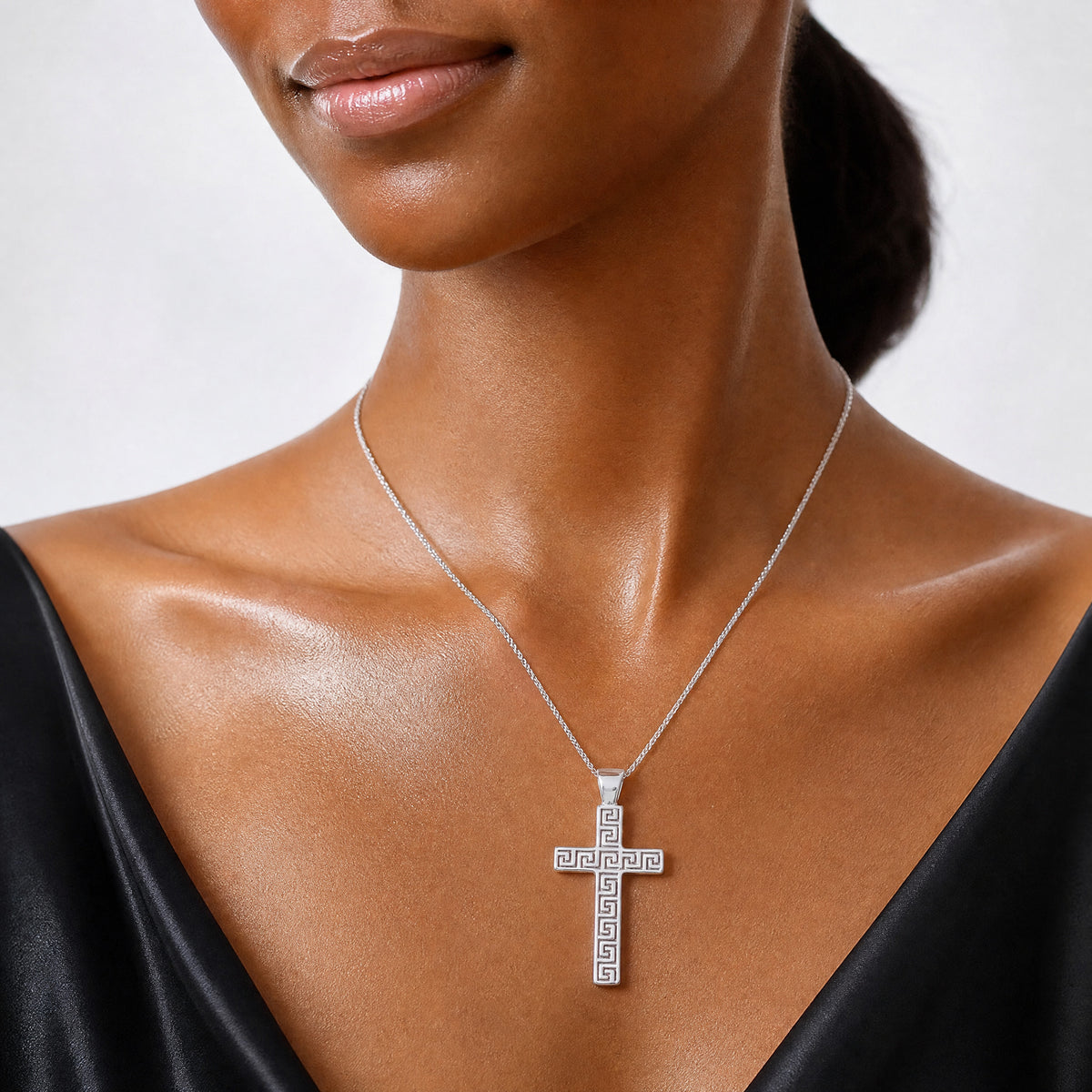 Sterling Silver Polished Greek Key Hollow Latin Cross Pendant - Model Shot