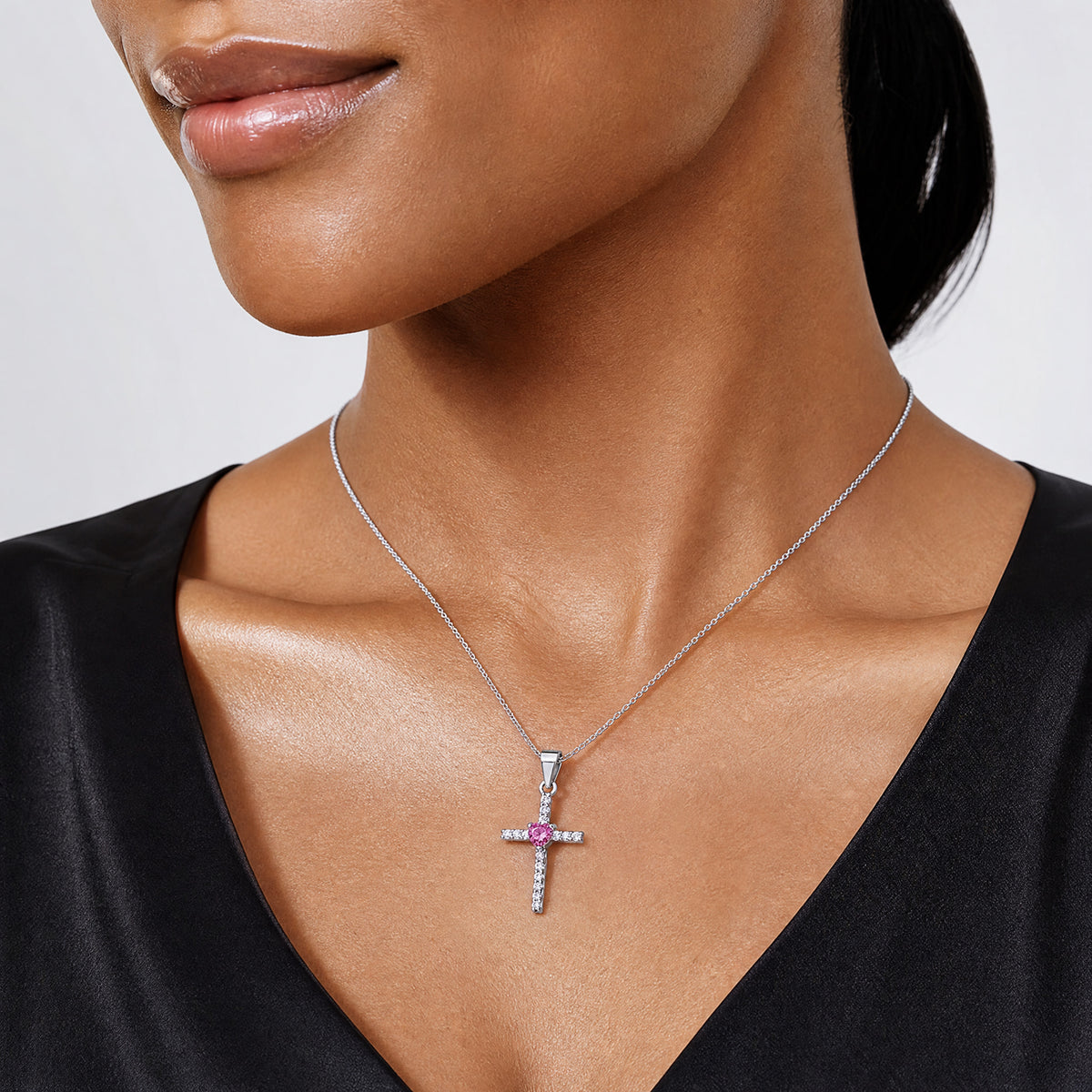 Sterling Silver Rhodium-plated Pink CZ Heart and Clear CZ Cross Pendant - Model Shot