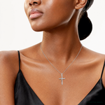 Sterling Silver Rhodium-plated Small CZ Wavy Cross Pendant - Model Shot