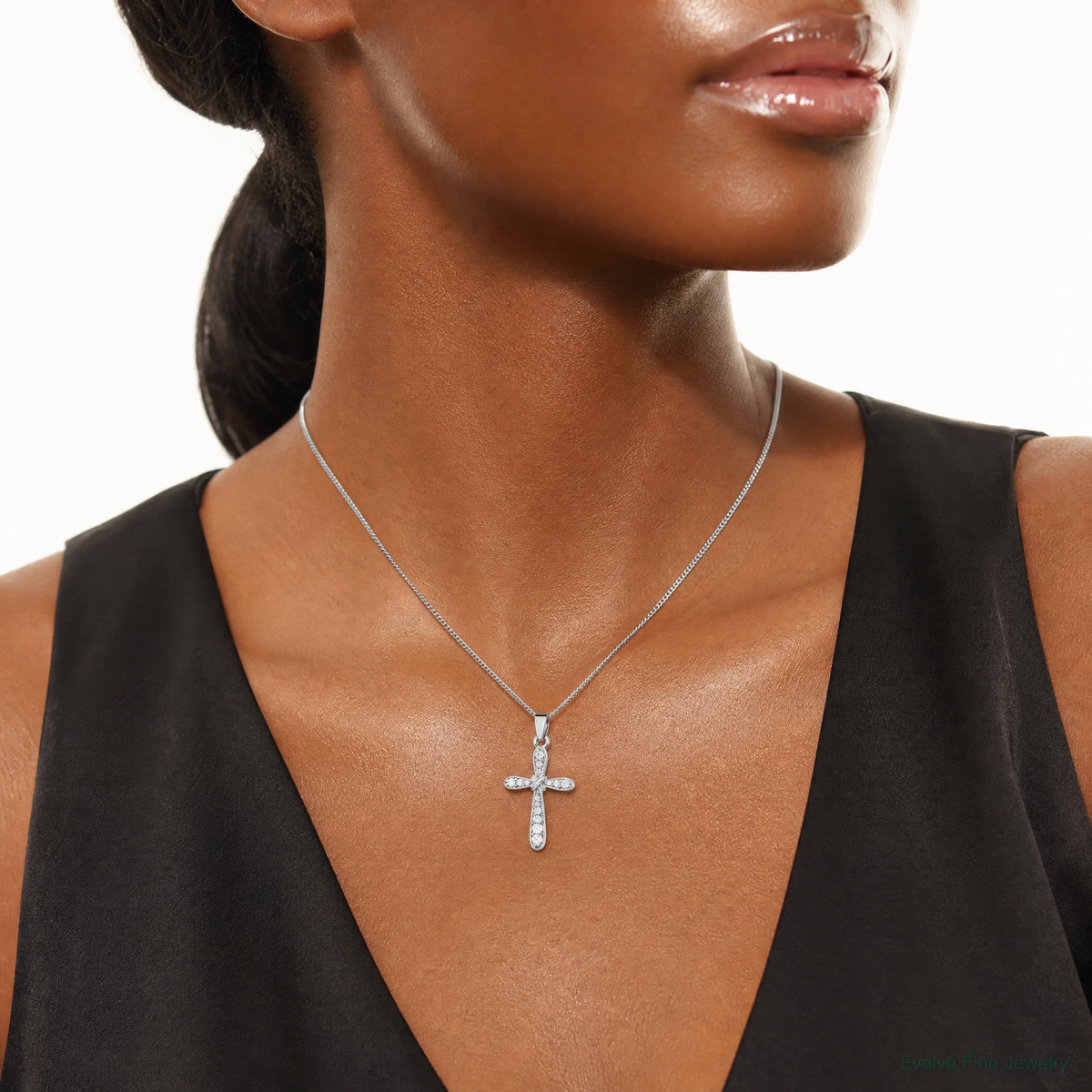 Sterling Silver Rhodium-plated w/CZ X-Center Cross Pendant - Model Shot