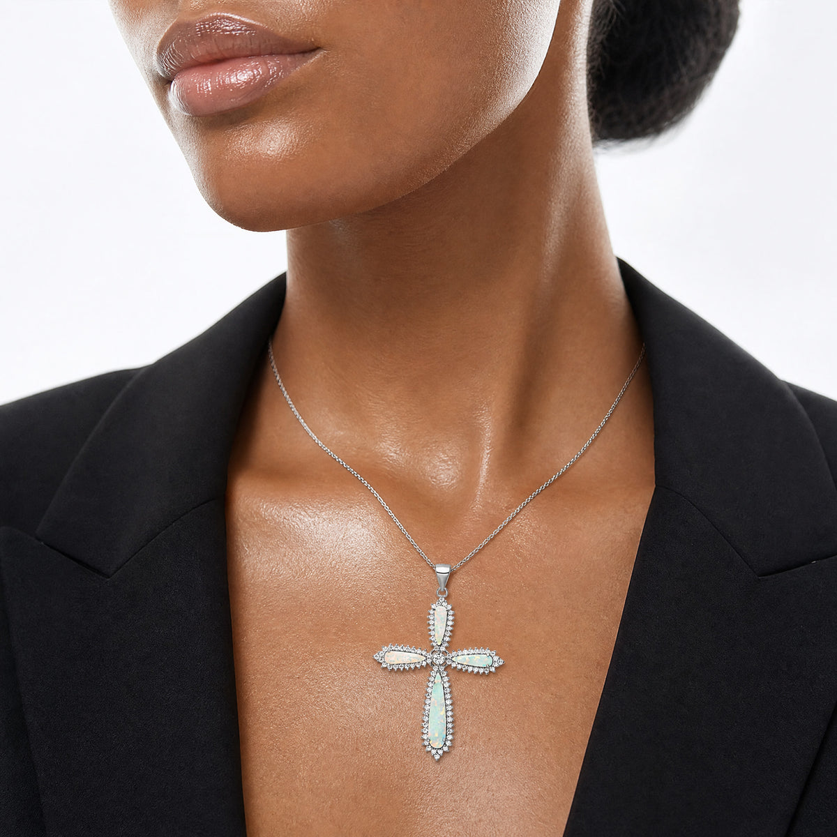 Sterling Silver RH-plated White Created Opal & CZ Border Cross Pendant - Model Shot