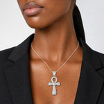 Sterling Silver Rhodium-plated Polished CZ Ankh Cross Pendant - Model Shot