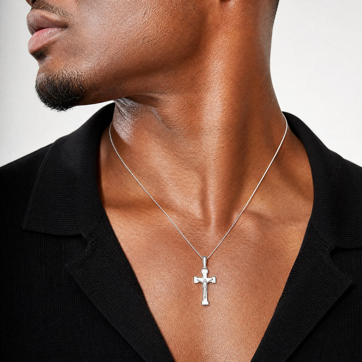 Sterling Silver Rhodium-plated Polished and Laser Crucifix Pendant - Model Shot