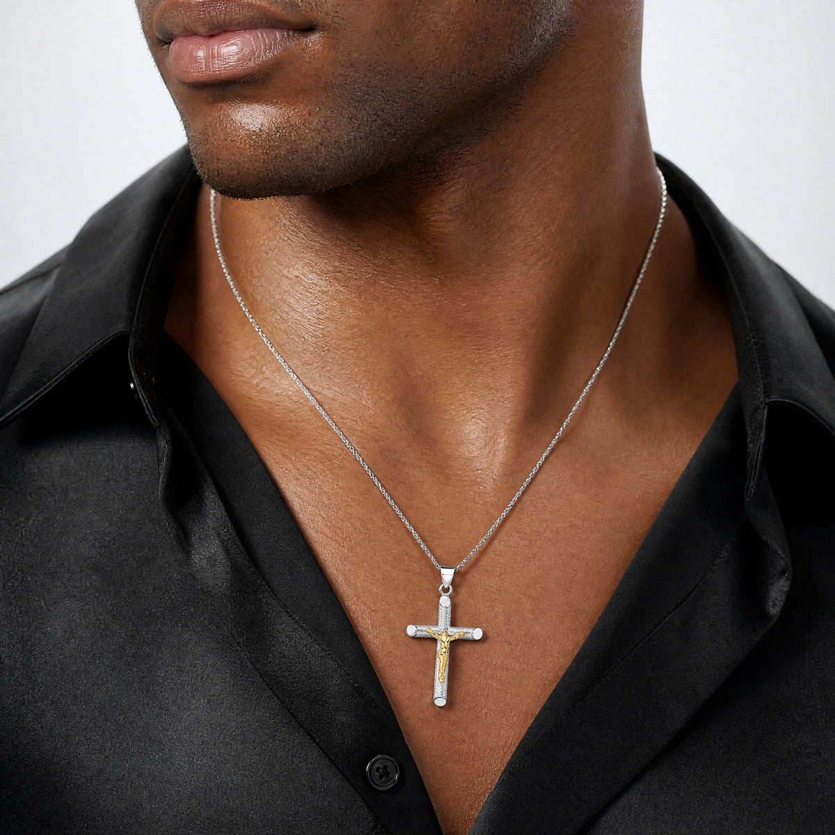 Sterling Silver RH-plate & Gold-tone Polished & Textured Crucifix Pendant - Model Shot
