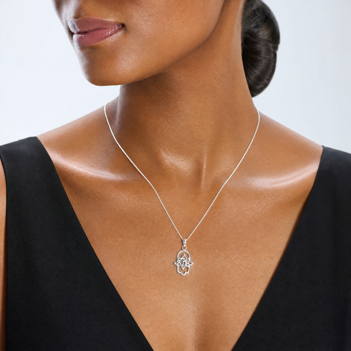 Sterling Silver Polished Chai in Star of David Hamsa Pendant - Model Shot