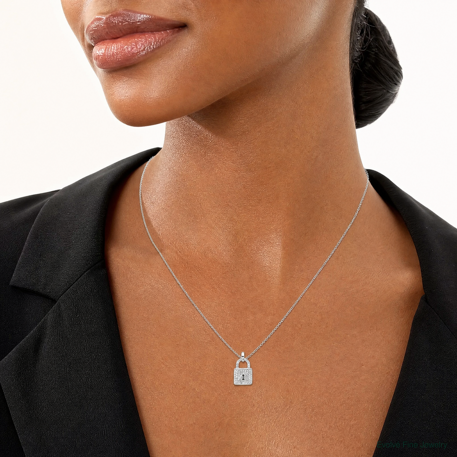 Sterling Silver E-coated CZ Lock Pendant - Model Shot