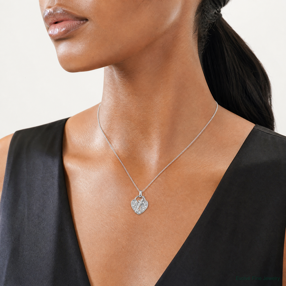 Sterling Silver Rhodium-plated CZ Key and Heart Pendant - Model Shot