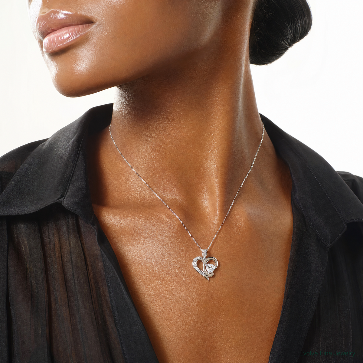 Sterling Silver Rhodium-plated CZ Heart Pendant - Model Shot