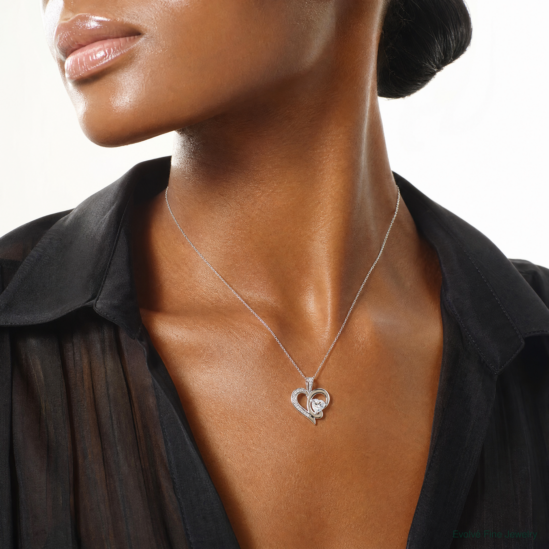 Sterling Silver Rhodium-plated CZ Heart Pendant - Model Shot