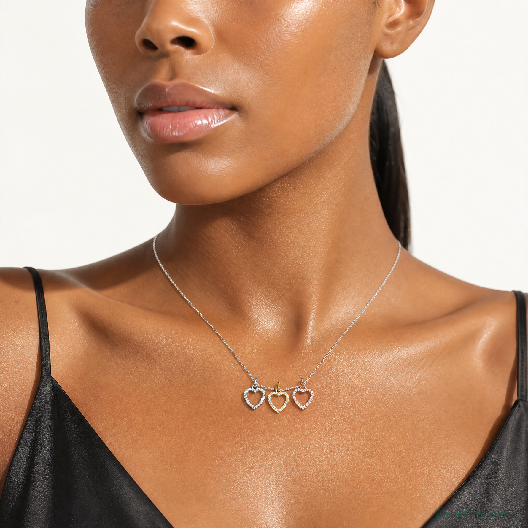 Sterling Silver Rhodium-plated Gold and Rose-tone CZ 3 Hearts Pendant - Model Shot