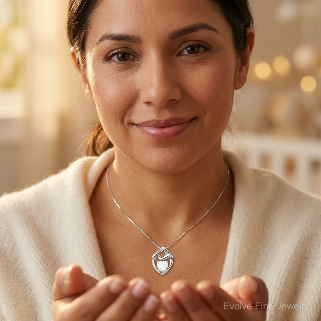 Sterling Silver Rhodium-plated Created Opal Mother/Child Heart Slide - Model Shot