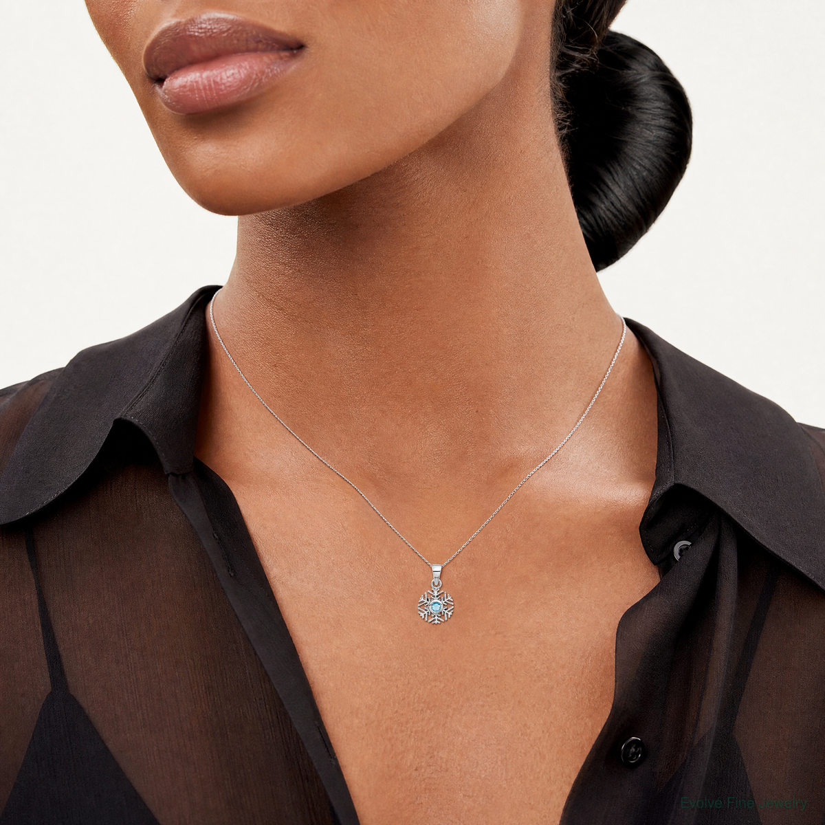 Sterling Silver Rhodium-plated Aqua CZ Snowflake Pendant - Model Shot