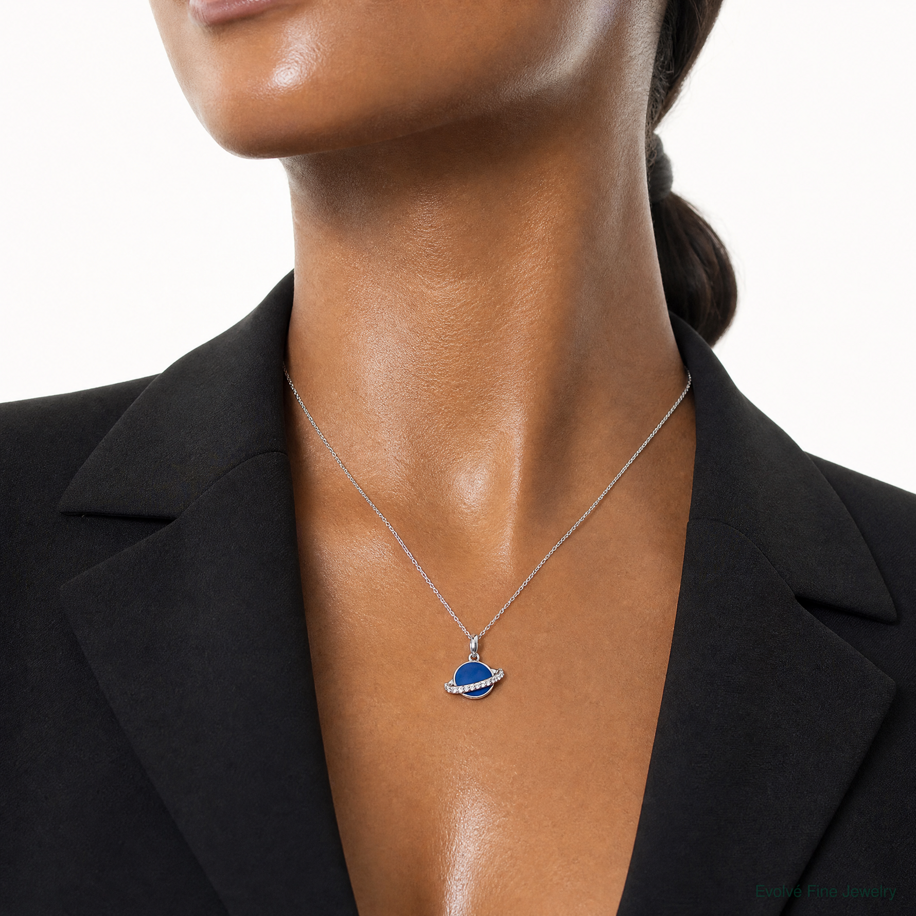 Sterling Silver Rh-plated Polished Round Blue Enamel CZ Planet Pendant - Model Shot
