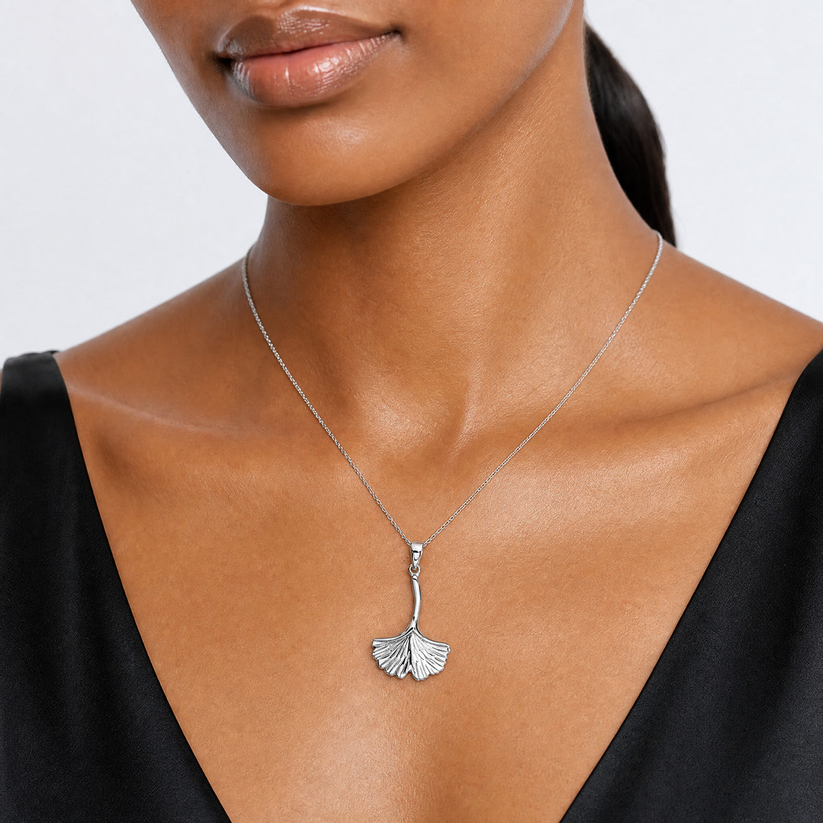 Sterling Silver Rhod-Plated Polished Grooved Ginkgo Leaf Pendant - Model Shot