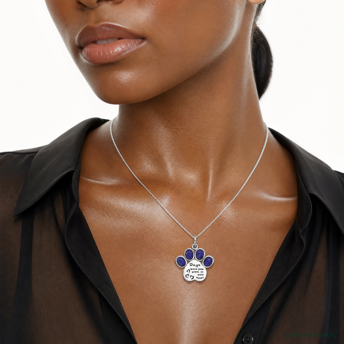 Sterling Silver Rhodium-plated Lapis Lazuli Enamel Paw Print Pendant - Model Shot