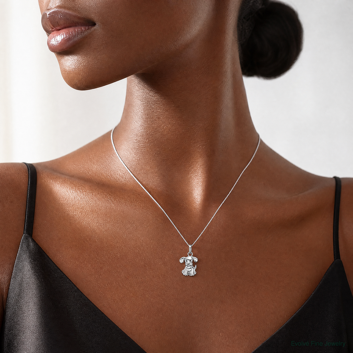 Sterling Silver Rhodium-plated Enameled Dog Charm Pendant - Model Shot