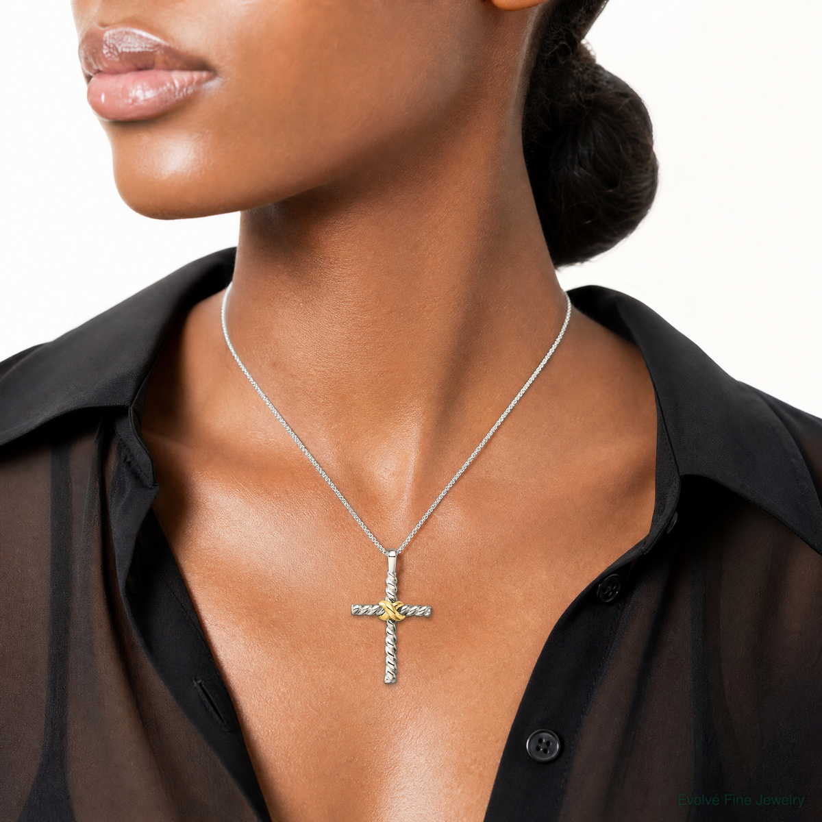 Sterling Silver and Gold-tone Polished Cross Pendant - Model Shot