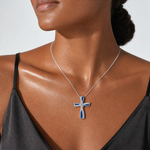 SS Flash Platinum-plated Synthetic Blue Spinel and CZ Cross Charm - Model Shot