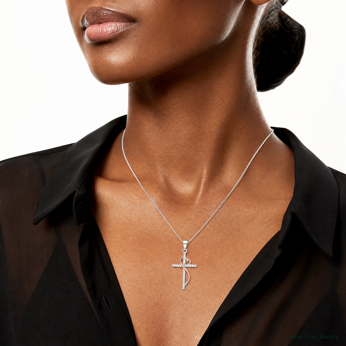 Sterling Silver Rose-tone Polished CZ Heart Cross Pendant - Model Shot