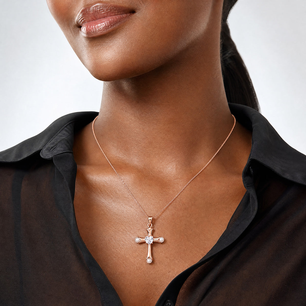 Sterling Silver Rose-tone Heart CZ and Synthetic Pearl Cross Pendant - Model Shot