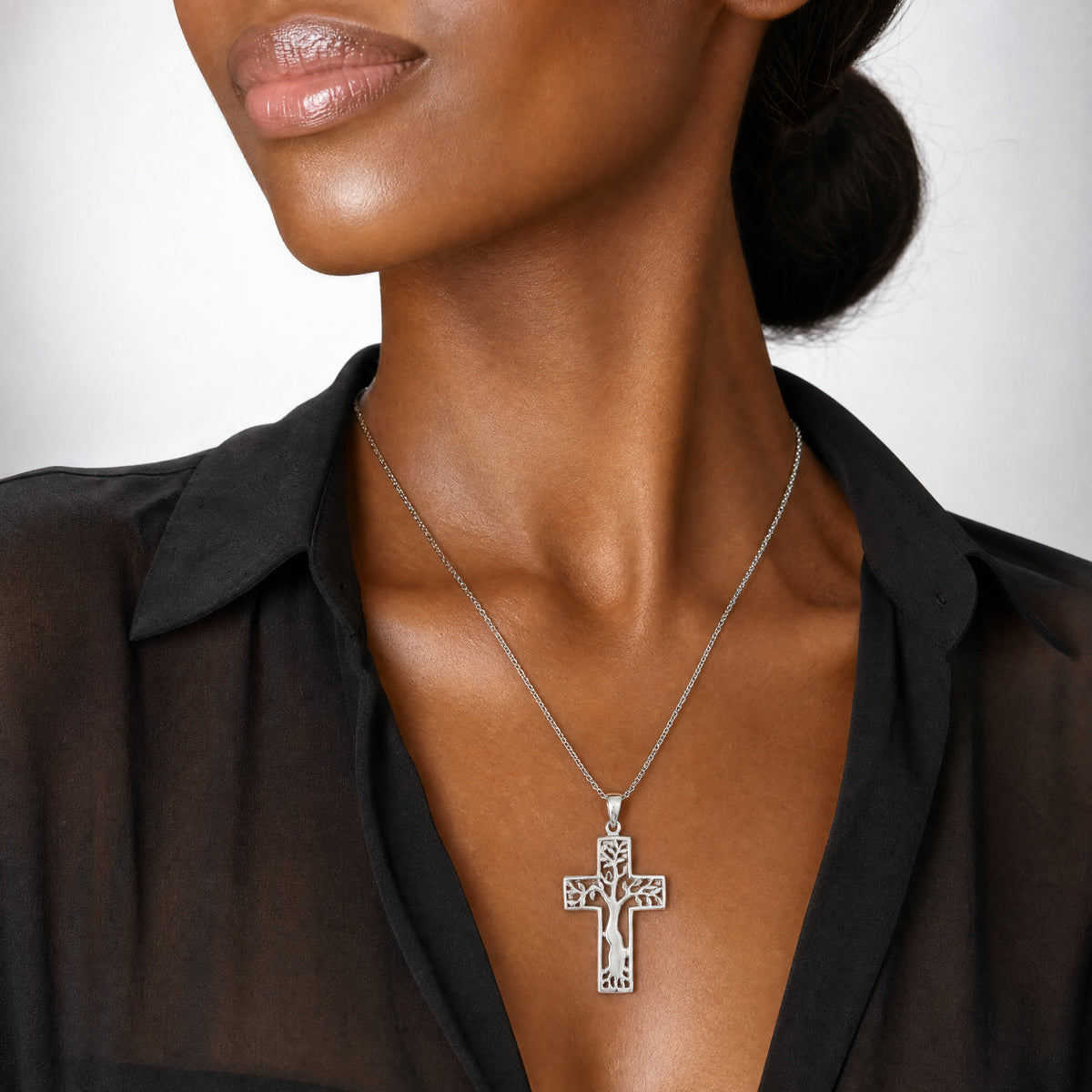 Sterling Silver Rhodium-Plated Polished Tree in Cross Pendant - Model Shot
