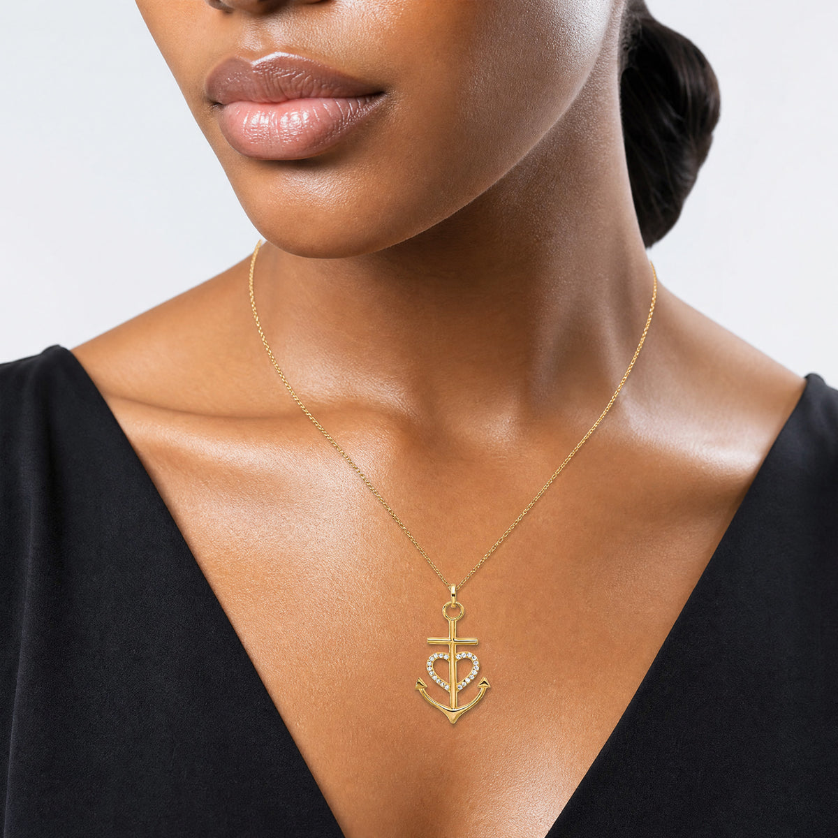 Sterling Silver Gold-tone Cross CZ Heart Anchor Pendant - Model Shot
