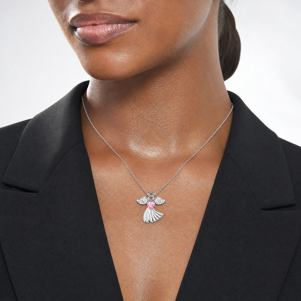 SS Rhodium-plated Pink and Clear CZ Angel Chain Slide Pendant - Model Shot