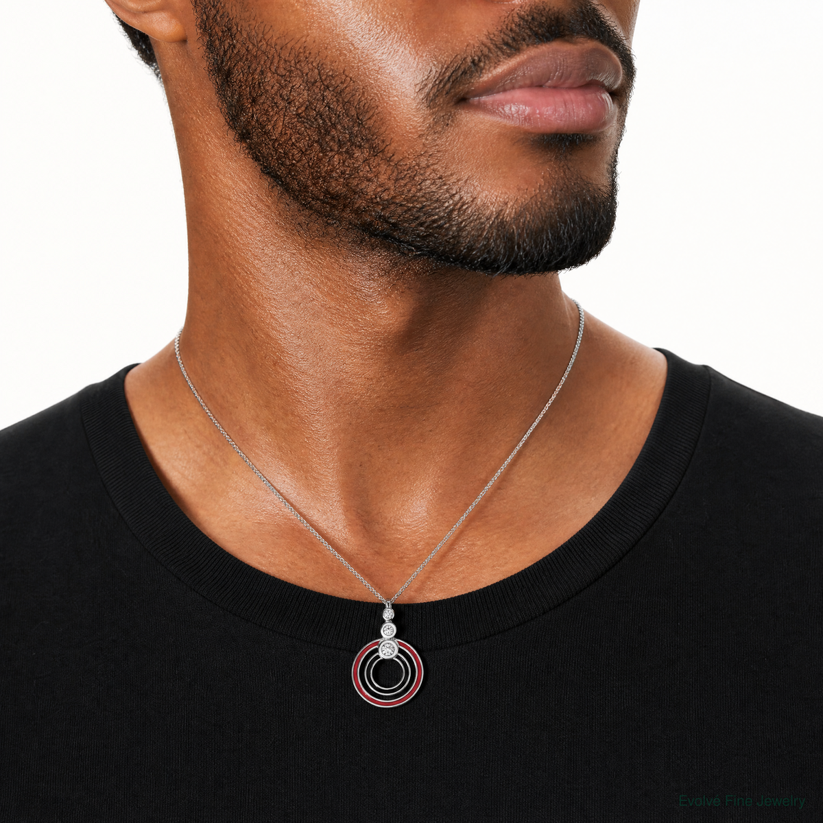 Sterling Silver Rhodium-plated CZ Black/Red Enamel Circle Pendant - Model Shot