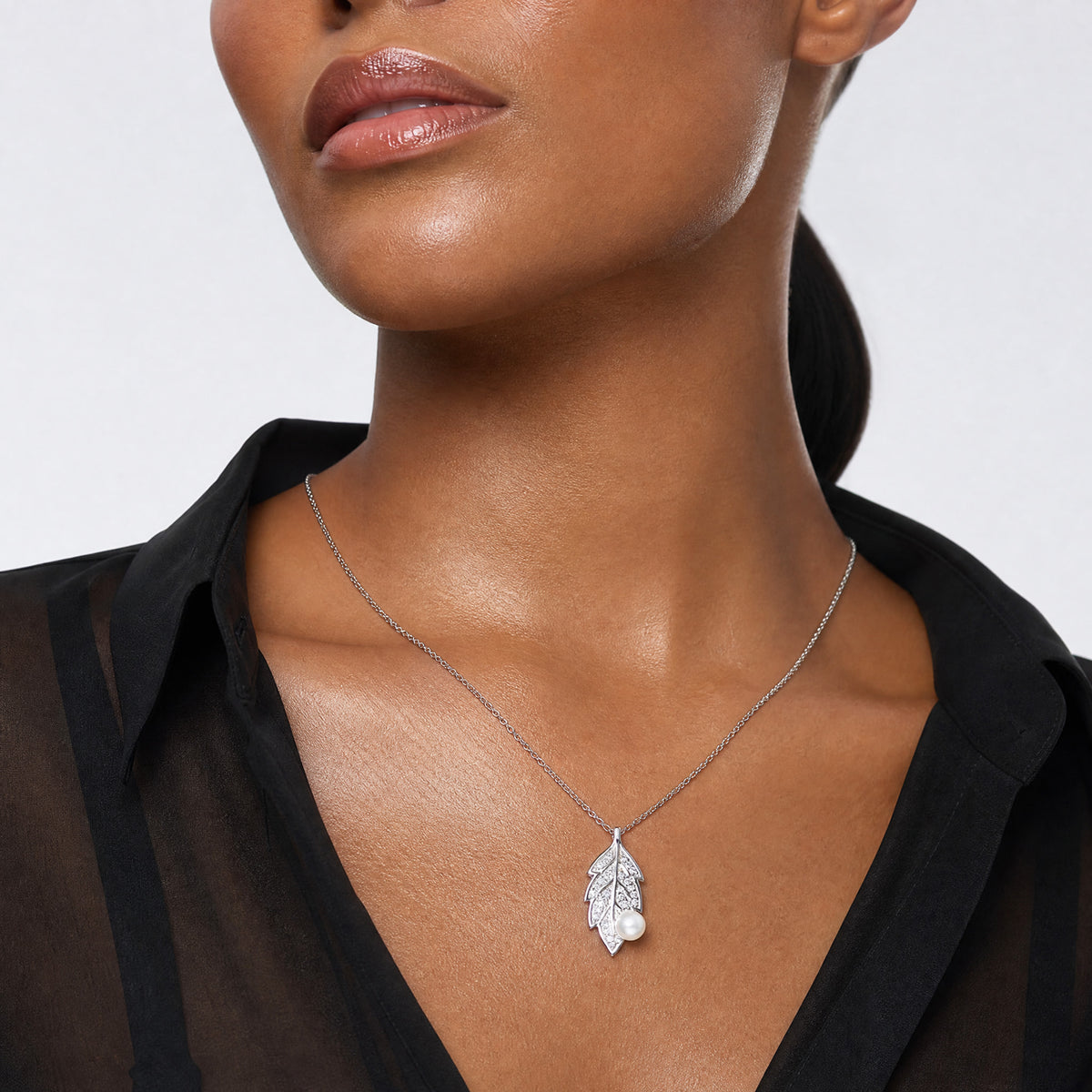 Sterling Silver Polished CZ and Acrylic Pearl Leaf Chain Slide Pendant - Model Shot
