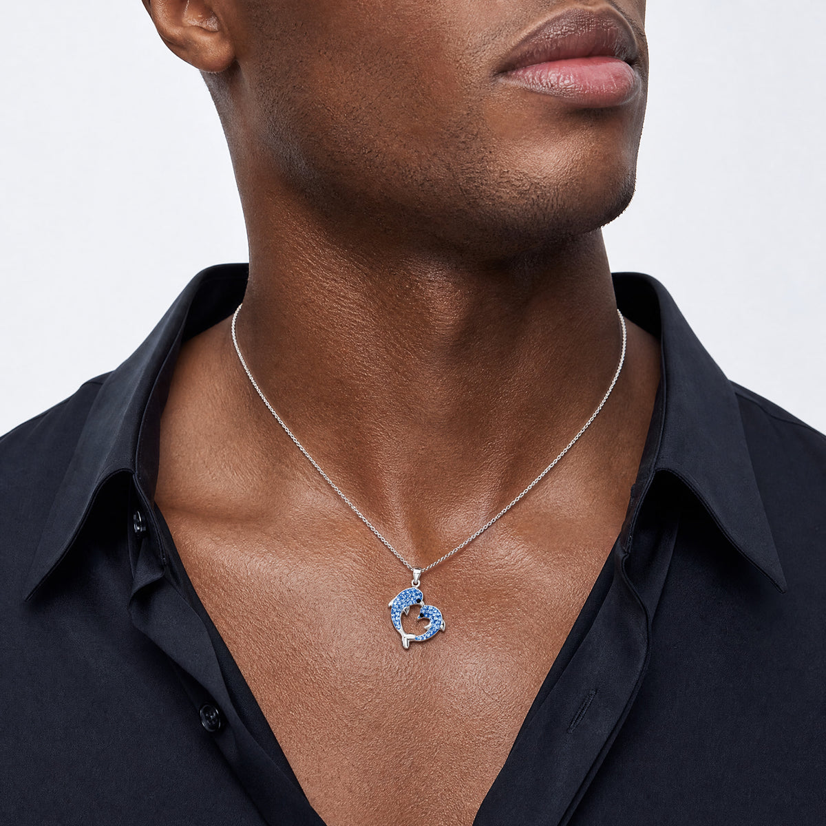 Sterling Silver RH-pl Blue Multi Color Crystal Dolphins Heart Shape Pendant - Model Shot