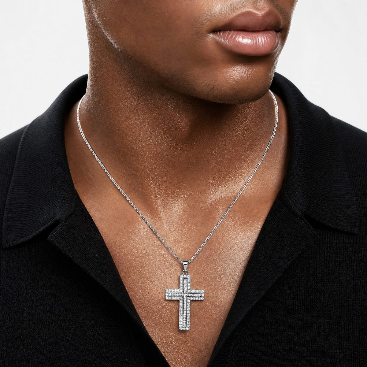 Sterling Silver Rhodium-plated White CZ Cross Pendant - Model Shot