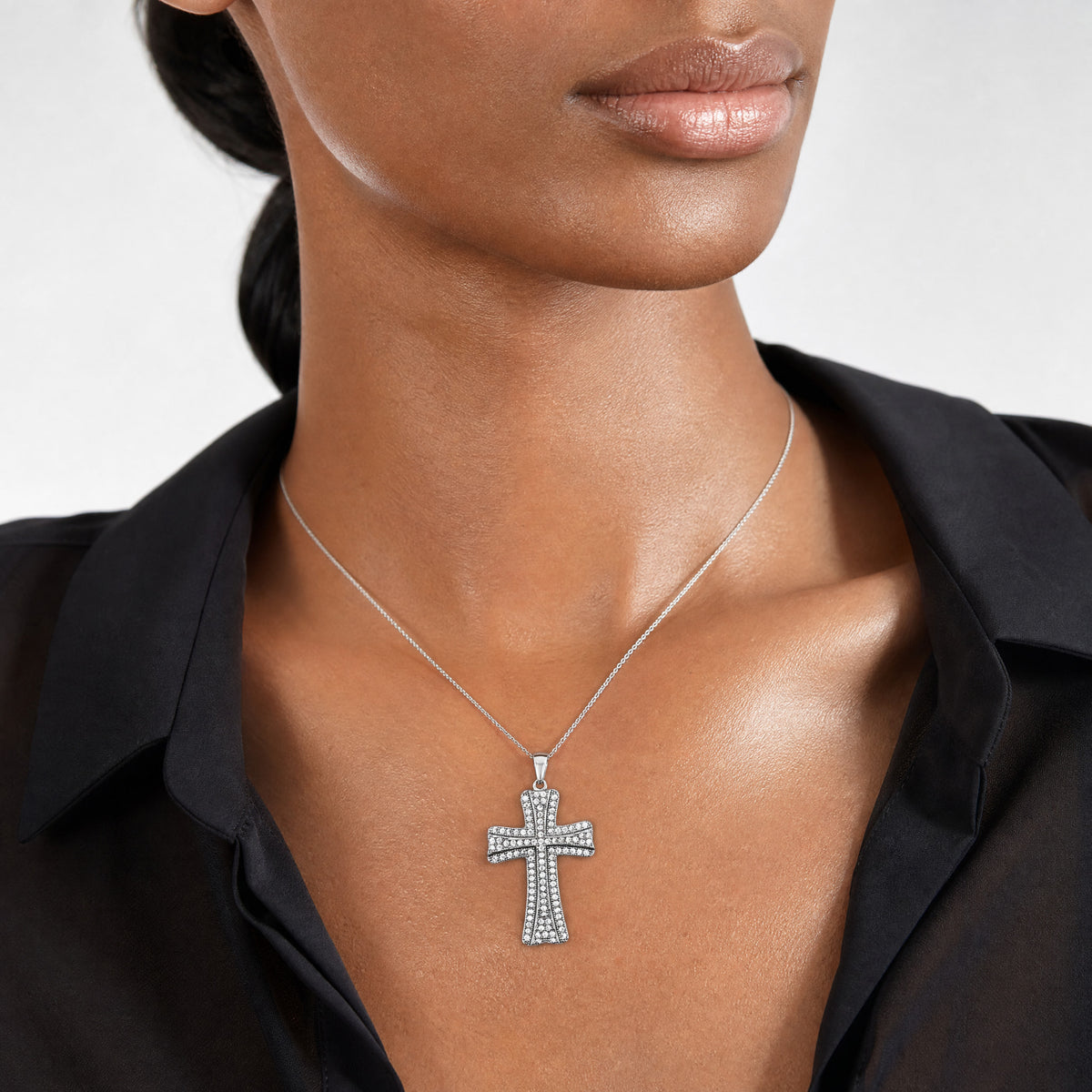 Sterling Silver Rhodium-plated Polished CZ Cross Pendant - Model Shot