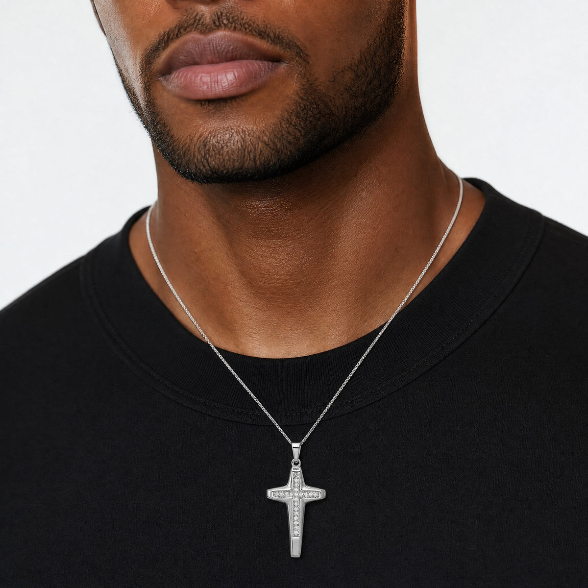 Sterling Silver Rhodium-plated CZ Polished Cross Pendant - Model Shot
