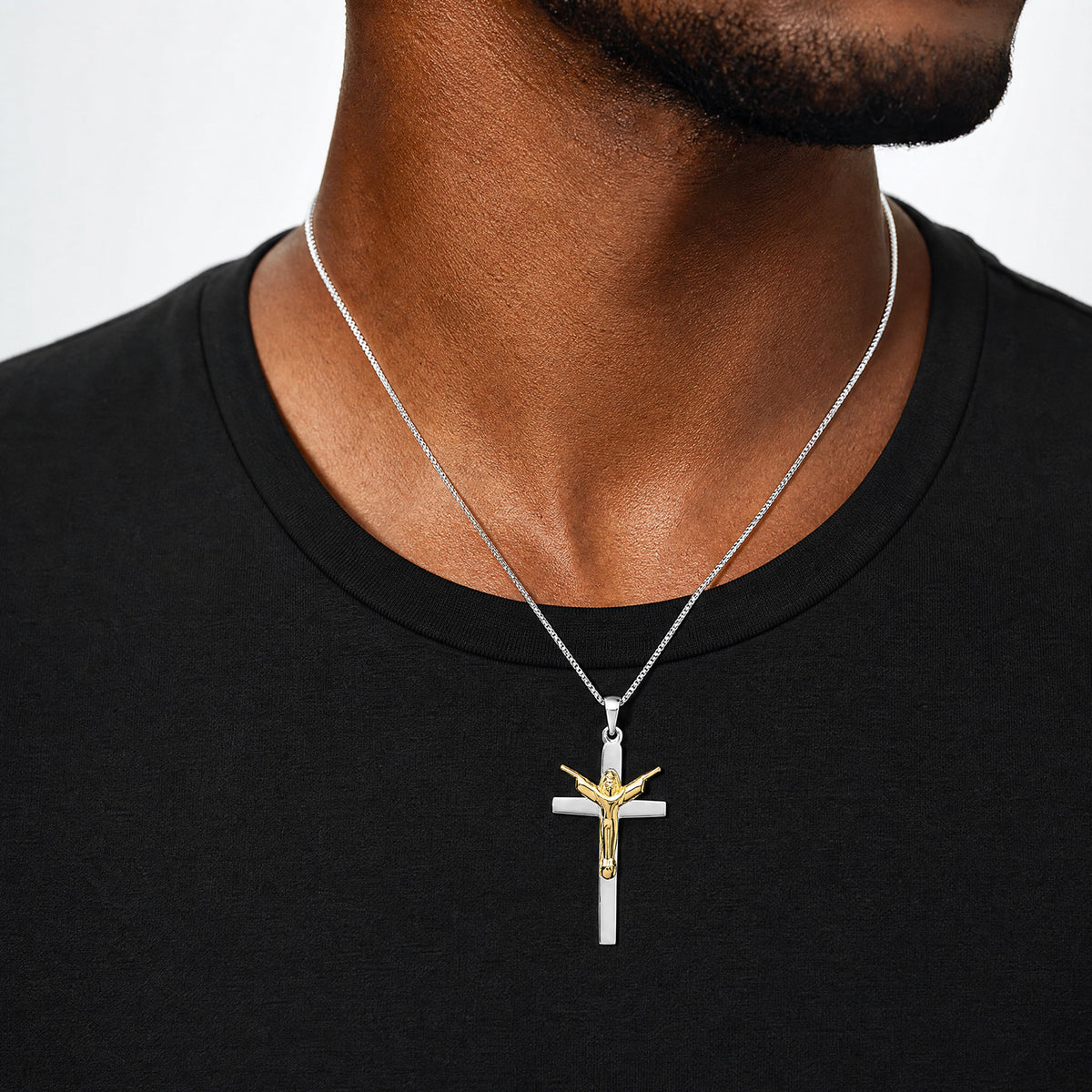 Sterling Silver RH-plated Gold-tone Crucifix with Raised Arms Pendant - Model Shot