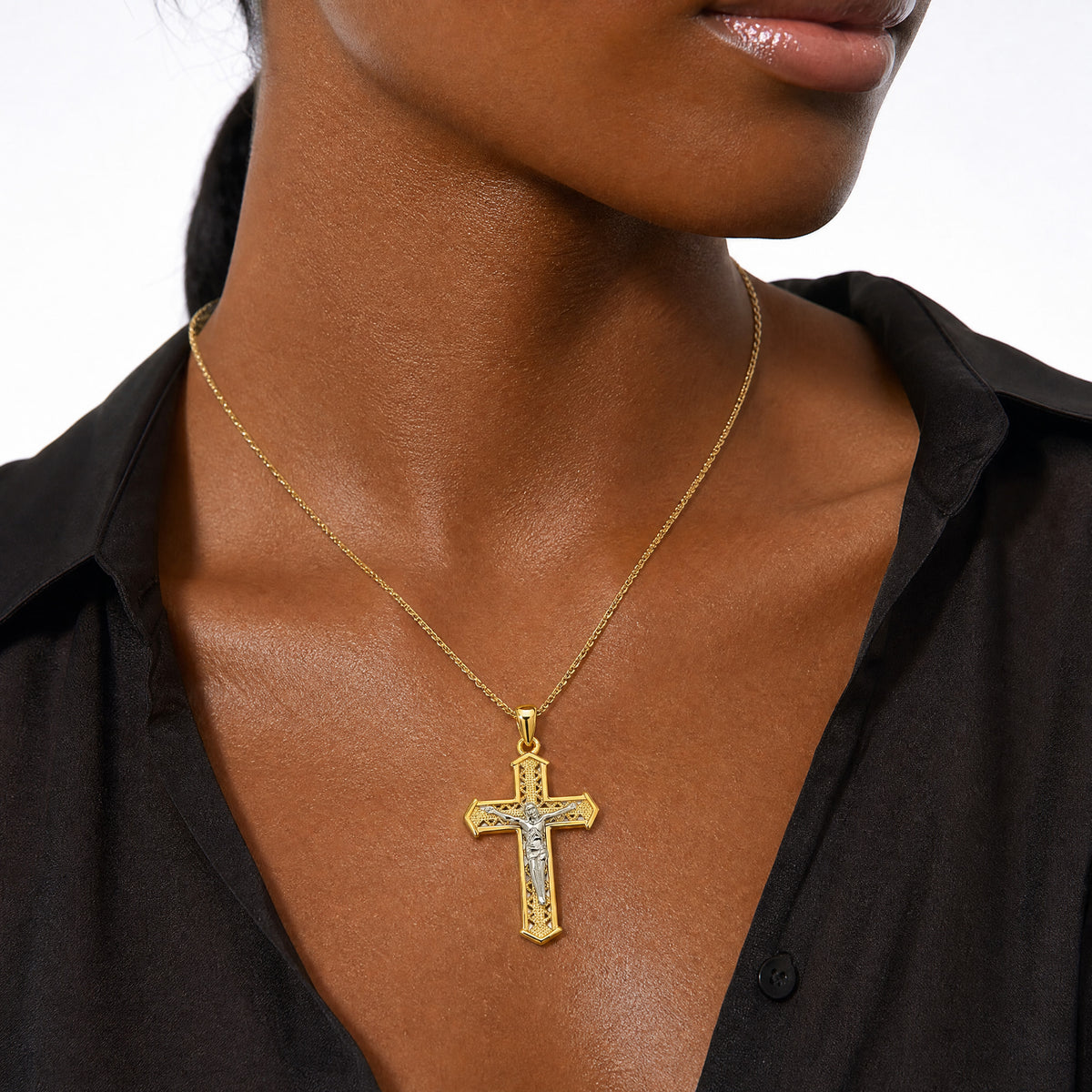 Sterling Silver Rhod-plated Gold-tone Polished Crucifix Cross Pendant - Model Shot