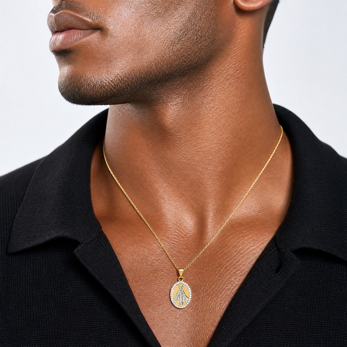 Sterling Silver Rhod-plated Gold-tone Polished CZ Miraculous Medal Pendant - Model Shot
