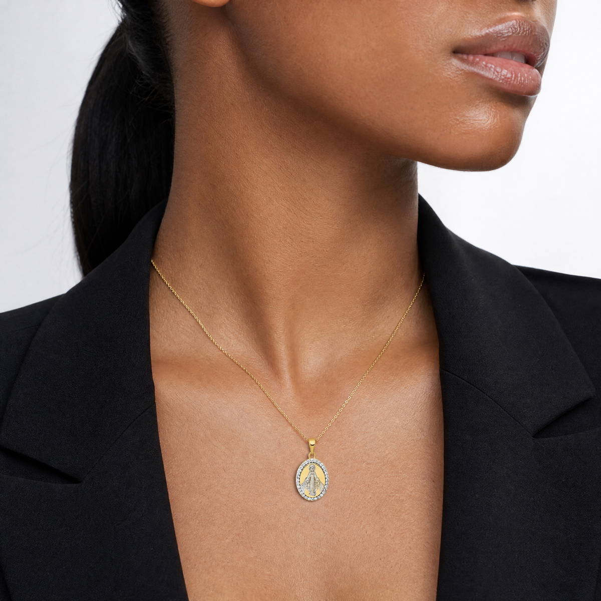 Sterling Silver Rhodium-plated Gold-tone CZ Miraculous Medal Pendant - Model Shot