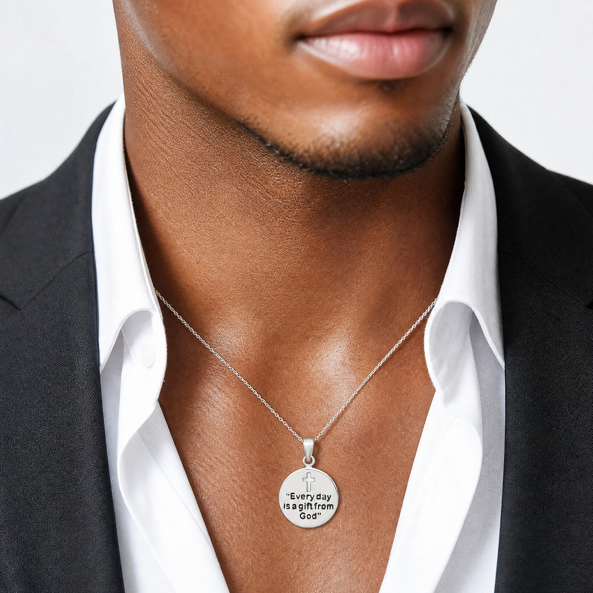 Sterling Silver Polished Enamel GIFT FROM GOD Cross Disc Pendant - Model Shot