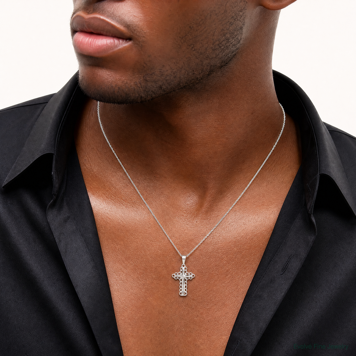 Sterling Silver Budded Cross Pendant - Model Shot