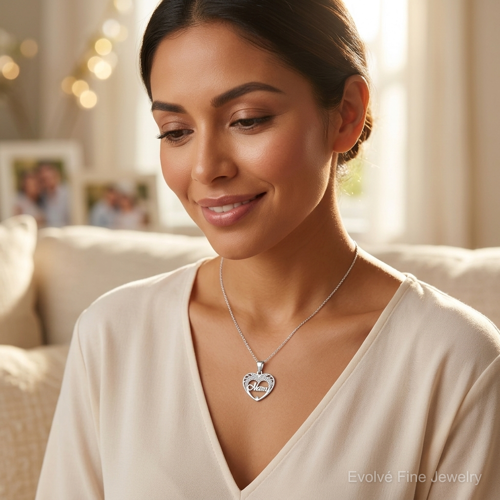 Sterling Silver Mama Heart Charm - Model Shot
