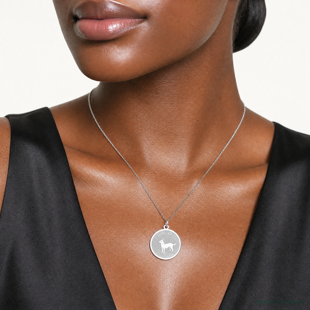 Sterling Silver Rhodium-plated Chihuahua Disc Charm - Model Shot