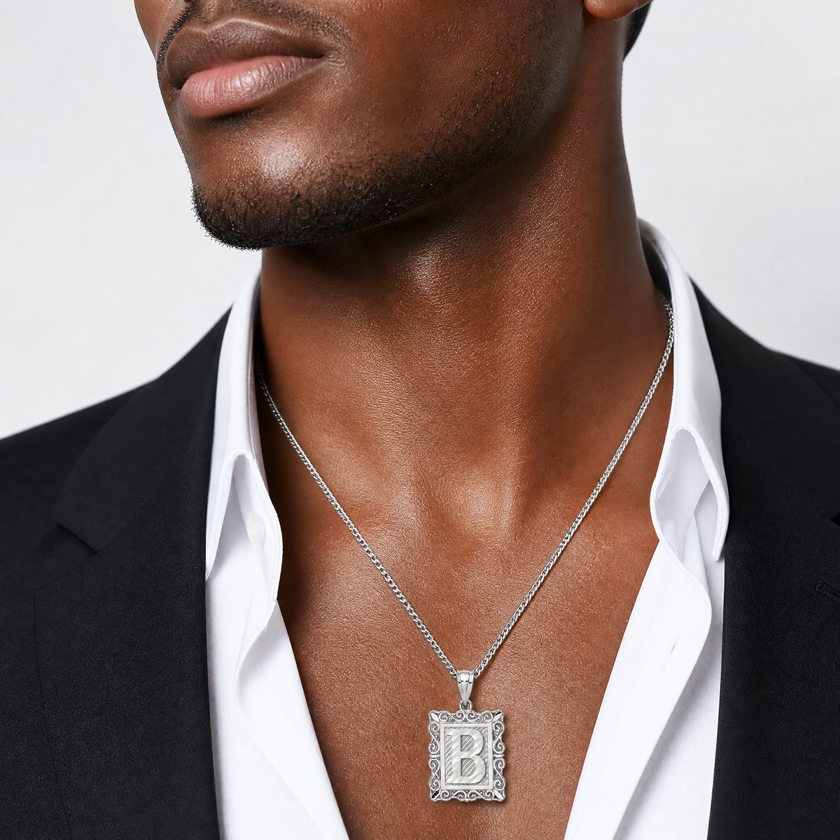 Sterling Silver Square Diamond-cut Letter B Initial Pendant - Model Shot