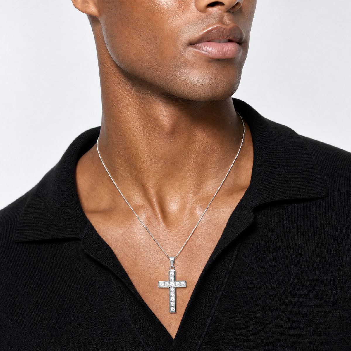 Sterling Silver Rhodium-plated CZ Cross Pendant - Model Shot